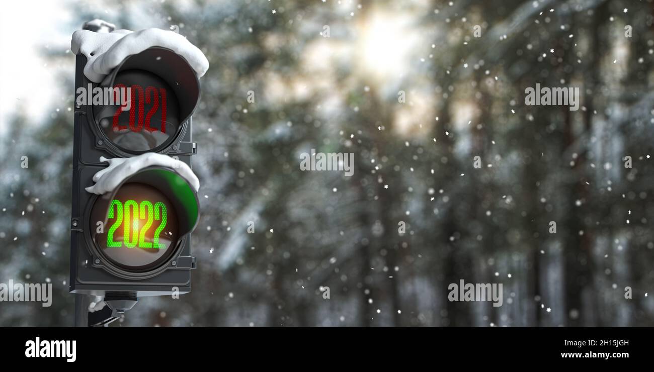 Felice anno nuovo 2022. Semaforo con semaforo verde 2022 e rosso 2021 su sfondo bosco o parco. illustrazione 3d Foto Stock