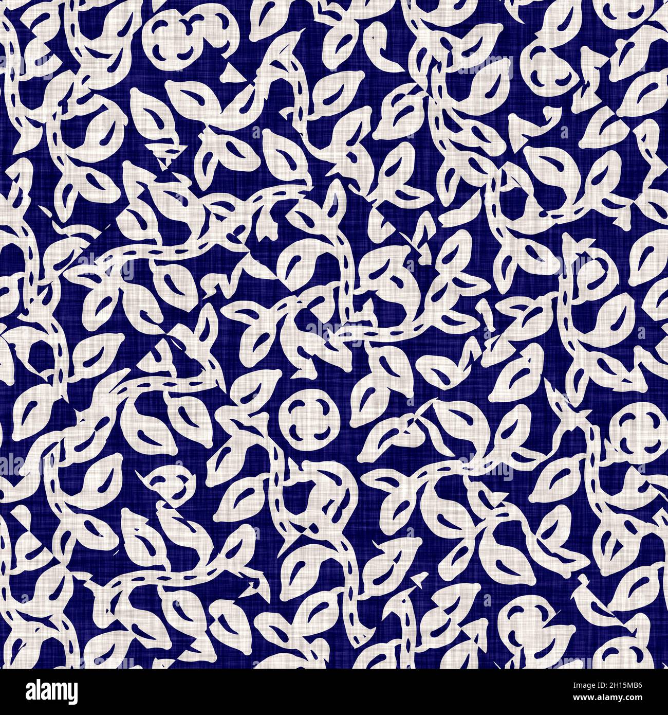 Indigo blu fogliame blocco stampa tinto lino texture sfondo. Ripetizione batik tessuto giapponese senza cuciture. Sfocatura floreale organica stressata Foto Stock