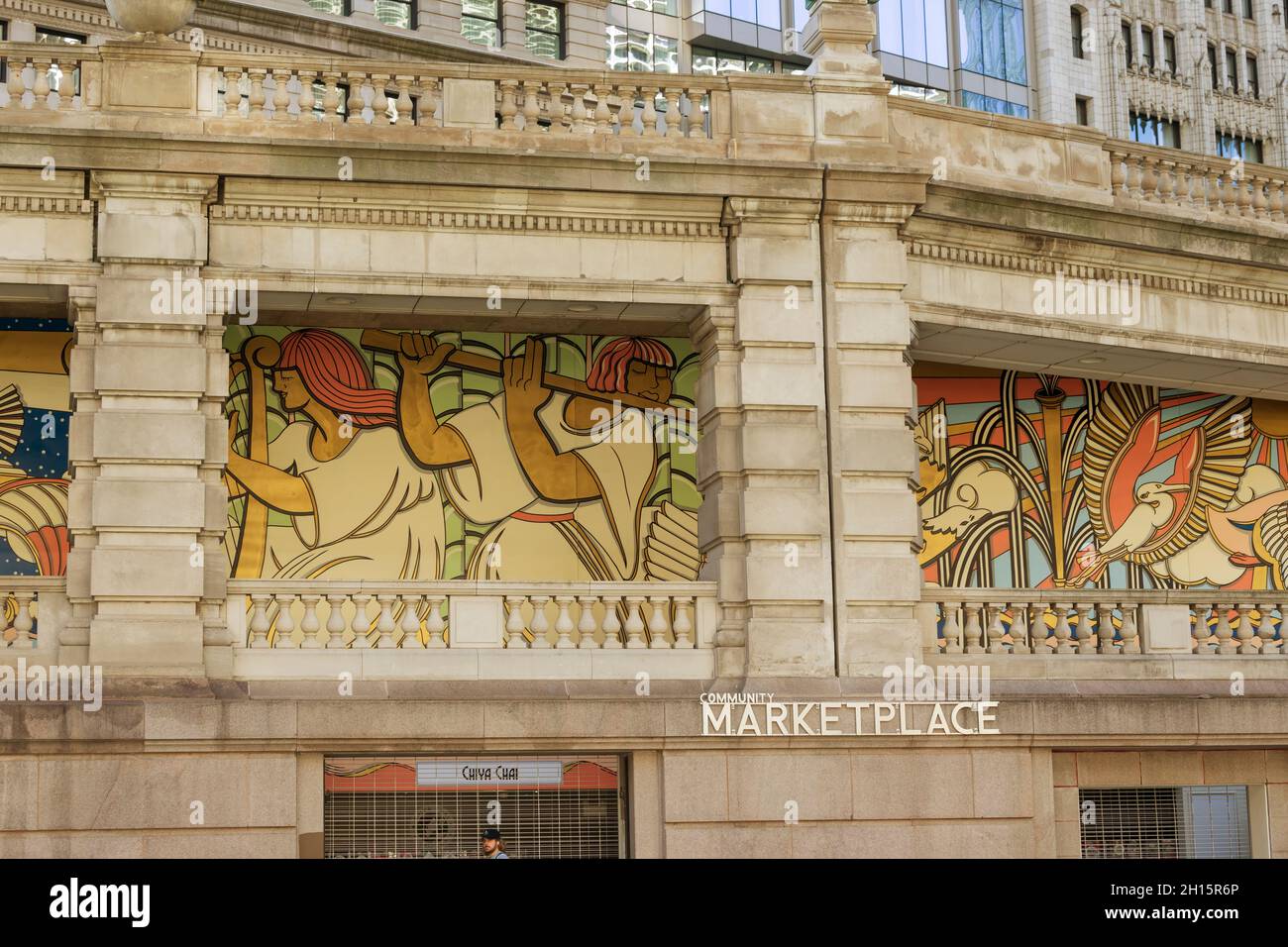 Murales in Community Marketplace sul lungofiume di Chicago nel centro di Chicago, Illinois Foto Stock