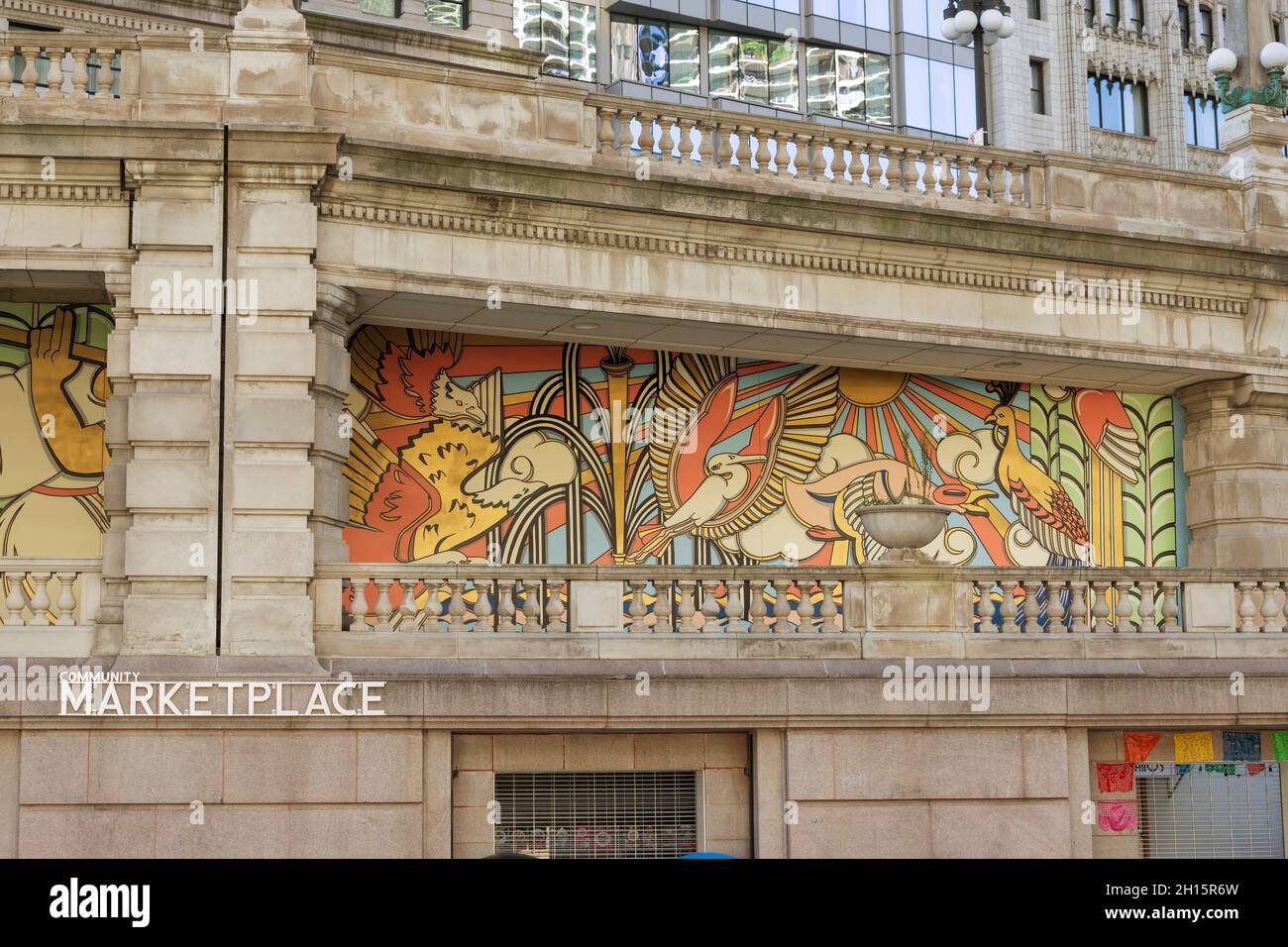 Murales in Community Marketplace sul lungofiume di Chicago nel centro di Chicago, Illinois Foto Stock