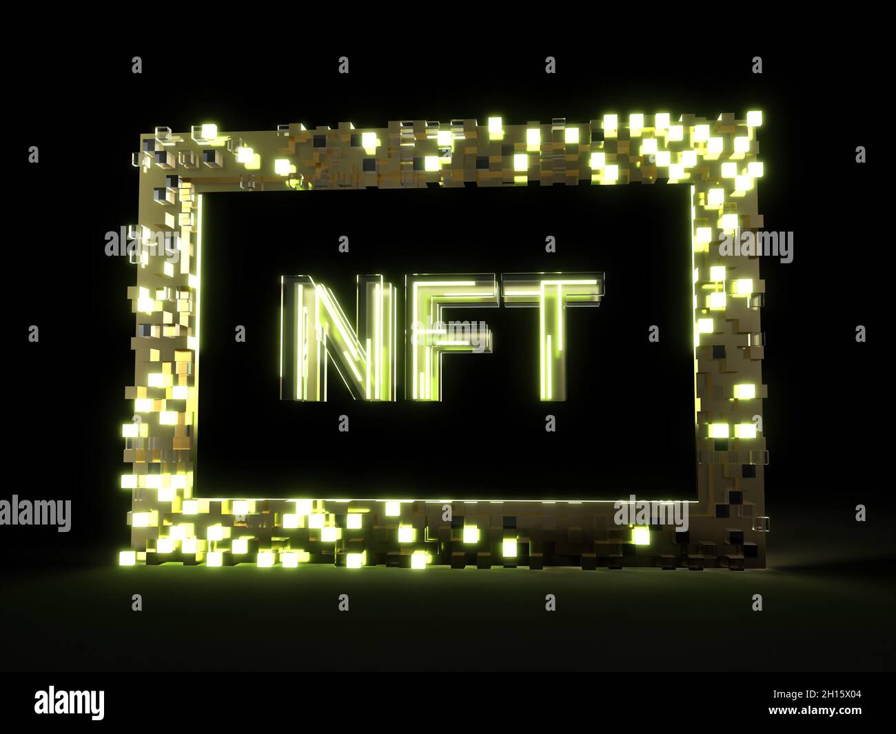 Una cornice d'oro intorno alla parola NFT, per token non-fungibile Foto Stock