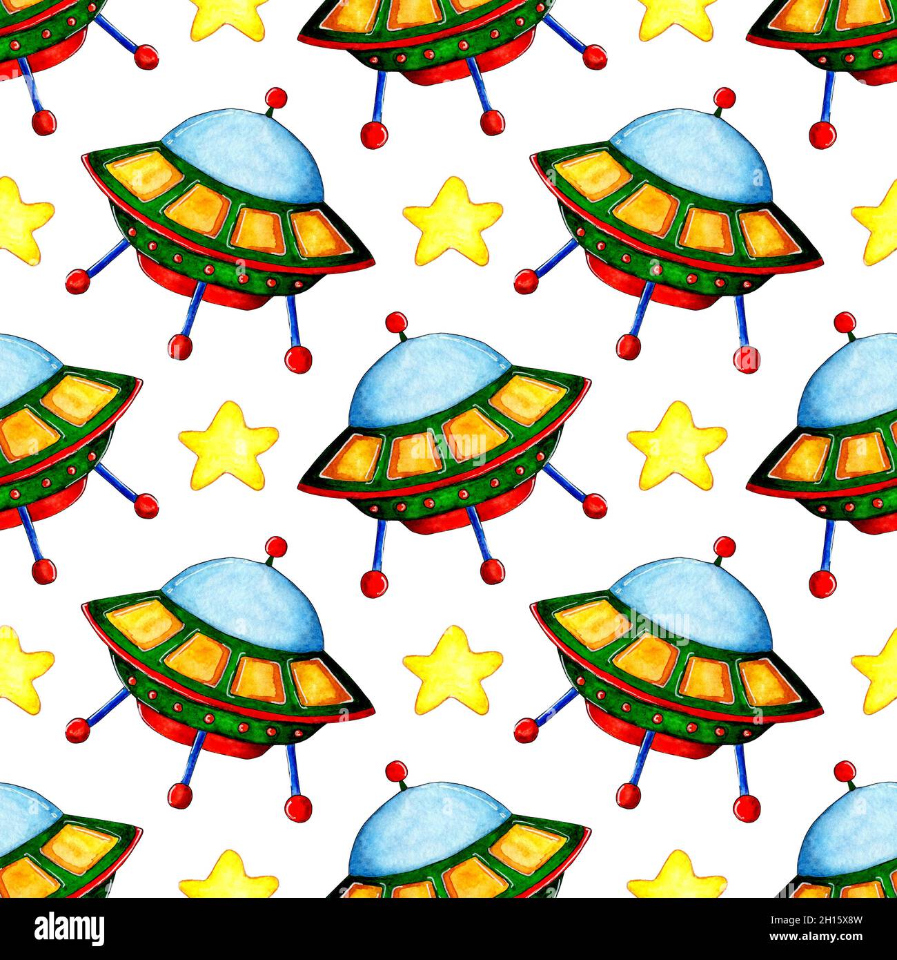 Disegno acquerello di piatto volante e stelle. Spazio a matita disegnato a mano per i bambini. Cartoon UFO. Isolato su sfondo bianco. Disegnato Foto Stock