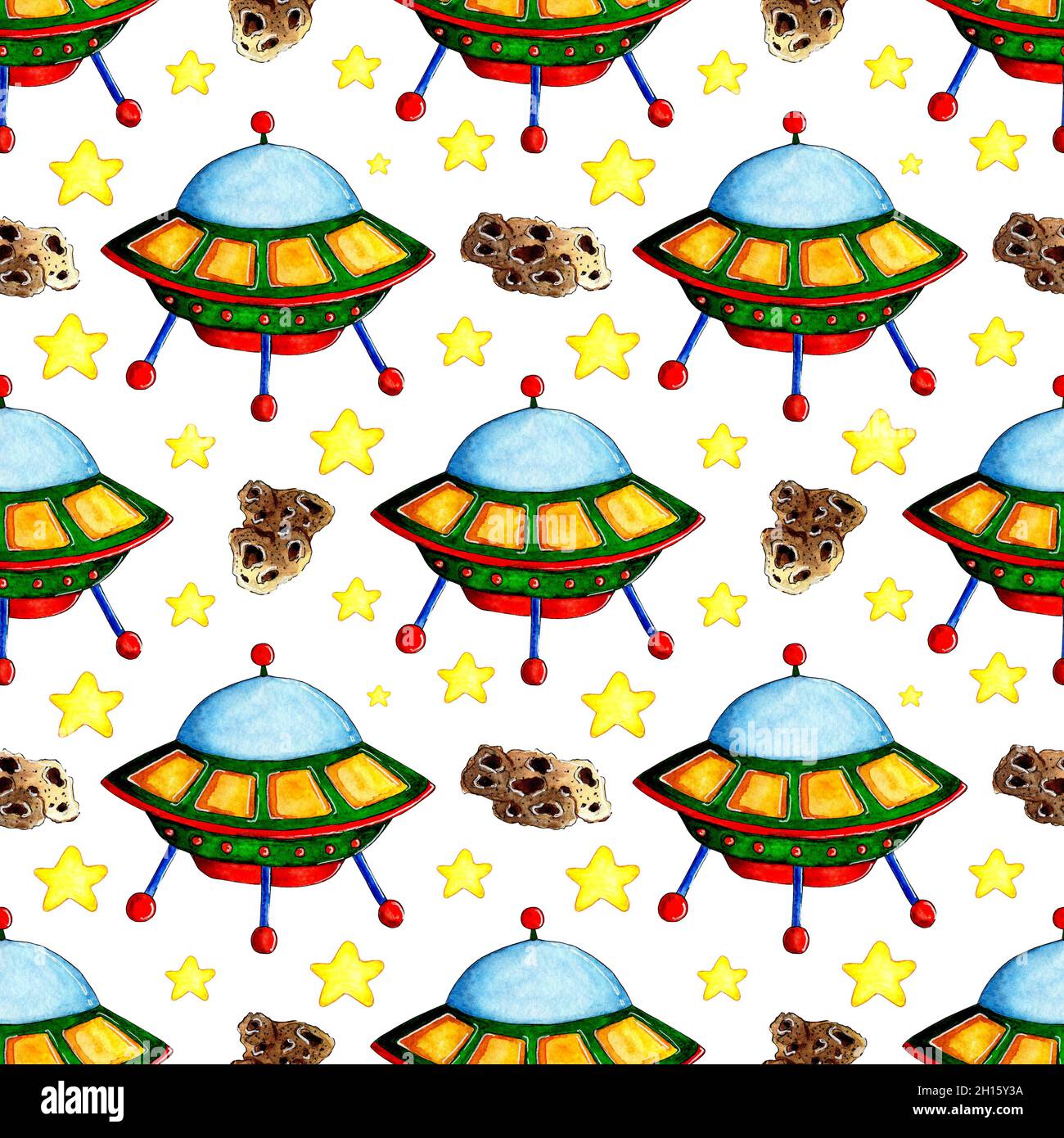 Pittura acquerello di piattino volante, stelle e meteorite. Spazio a matita disegnato a mano per i bambini. Cartoon UFO. Isolato sul retro bianco Foto Stock