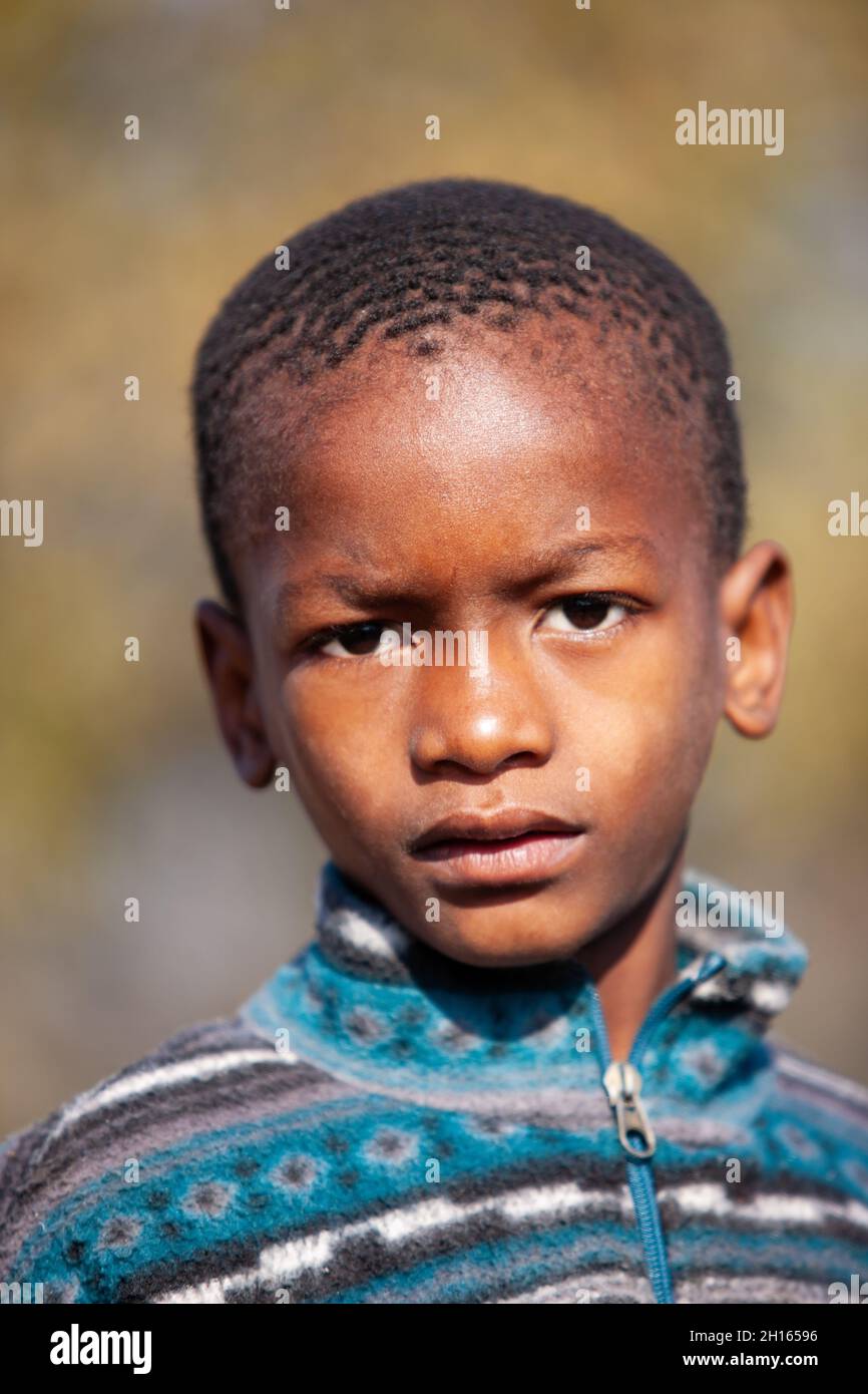 Ritratto di capretto africano nel cortile del villaggio in Botswana, zona rurale Foto Stock