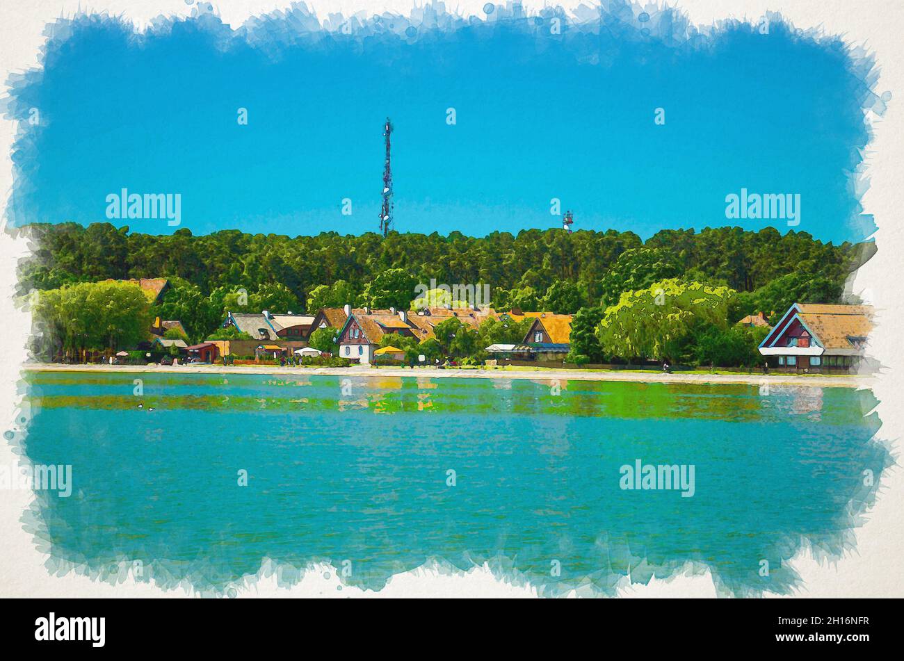 Acquerello disegno di piccolo villaggio di pescatori Nida con case tradizionali sulla riva della laguna nel Parco Nazionale Kursiu nerija, la Curonian Spit, Bal Foto Stock