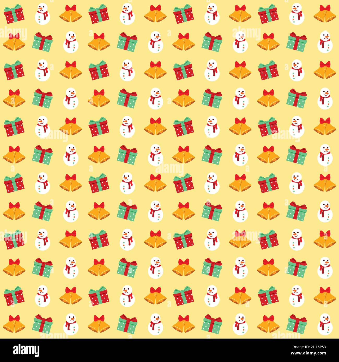 Carta da parati natalizia con elementi senza giunture di Snowman, Bell e Gift Box. Illustrazione Vettoriale
