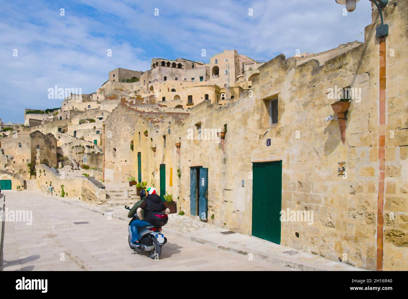Disegno acquerello di motociclisti in caschi a cavallo di una moto su strade di pietra nel centro storico di Matera Sasso Caveoso della vecchia città Sass Foto Stock