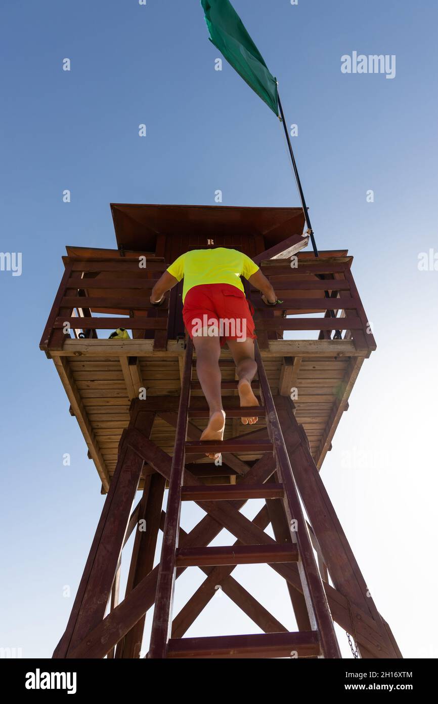 Vista posteriore ad angolo basso del corpo intero dell'irriconoscibile bagnino maschio che sale sulla scala sulla torre di salvataggio in legno sulla spiaggia Foto Stock