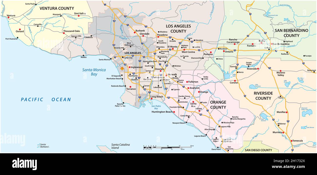 Mappa stradale vettoriale della zona di Los Angeles, California, Stati Uniti Illustrazione Vettoriale