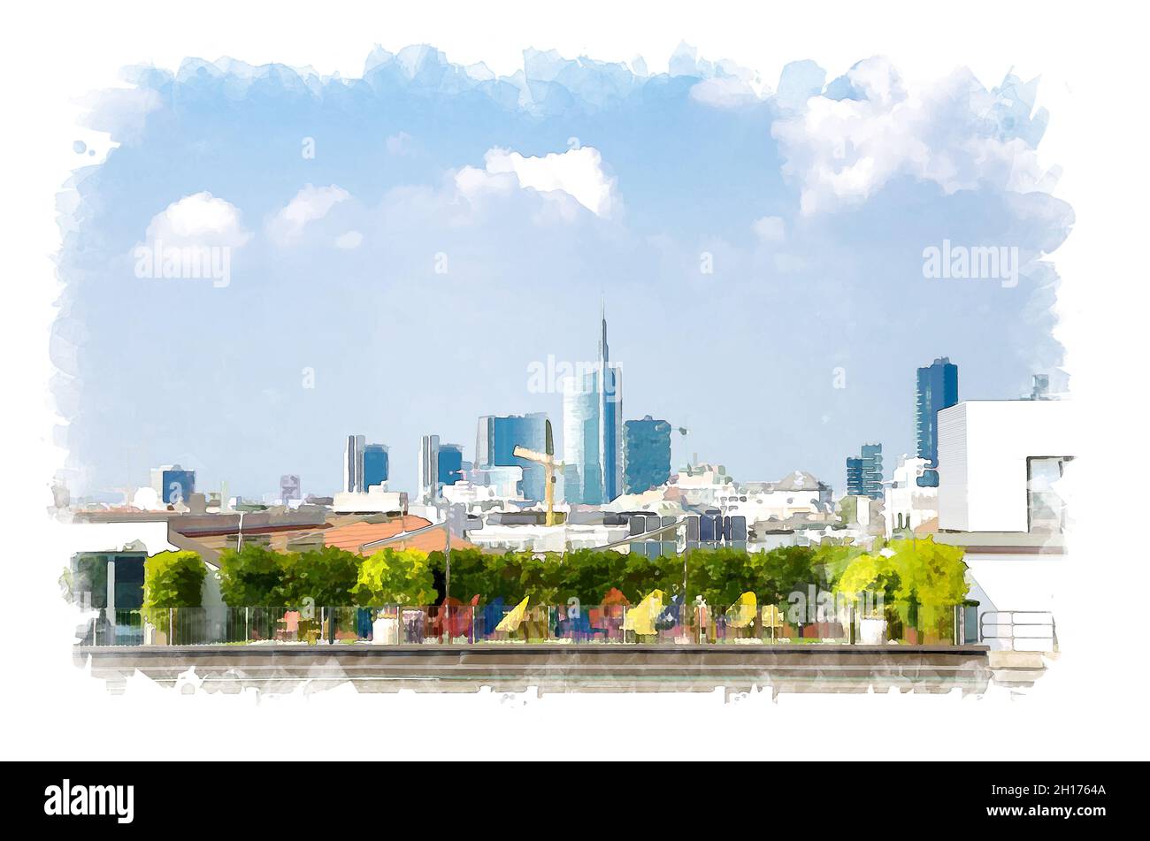 Disegno acquerello della vista dall'alto dei grattacieli del centro di Milano dal tetto del famoso Duomo di Milano con le nuvole bianche blu cielo, Lomba Foto Stock