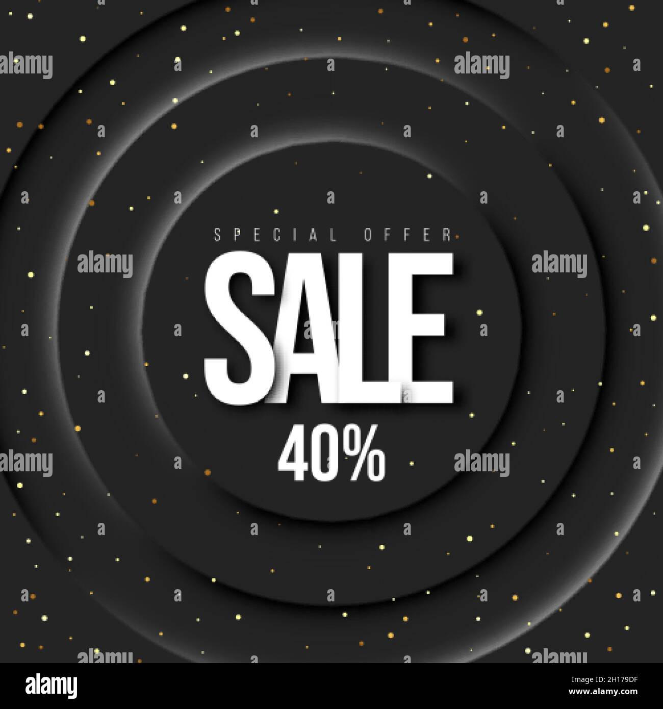 Sconti del 40% su sfondo nero. Background di vendita . Forme arrotondate nere con ombra. Illustrazione Vettoriale