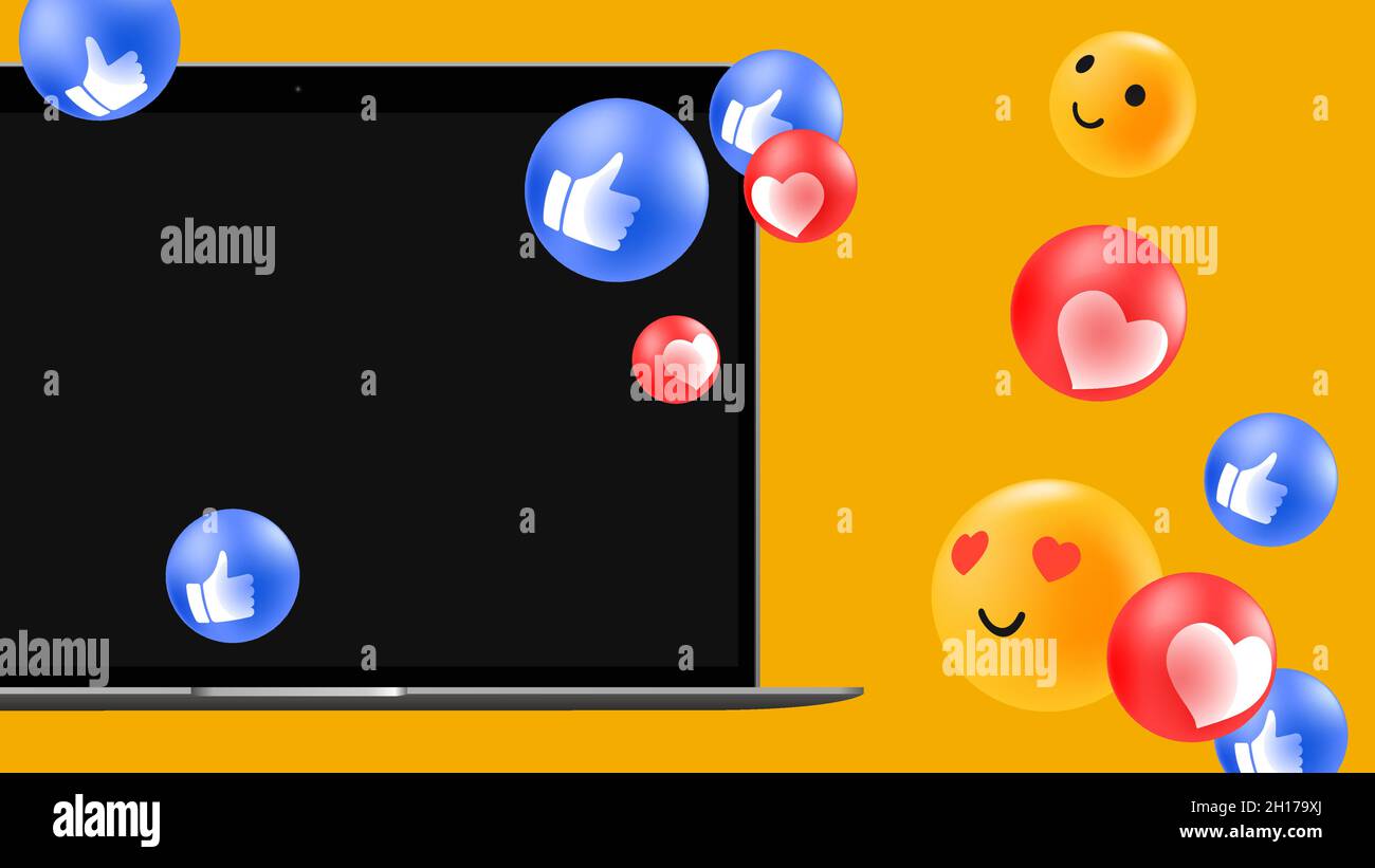 Mockup modificabile per pubblicità con emoticon e laptop. Illustrazione vettoriale Illustrazione Vettoriale