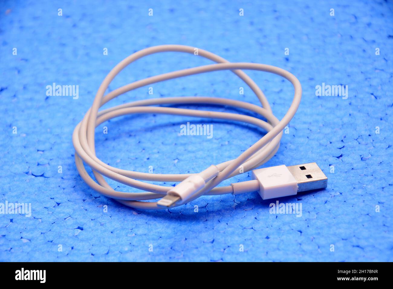 un cavo dati mobile su bakcground blu. Foto Stock