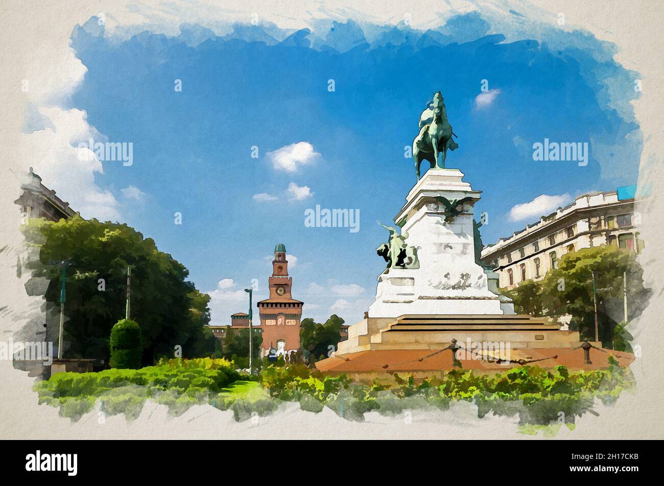 Disegno acquerello del Monumento Giuseppe Garibaldi statua su Largo Cairoli e antico castello medievale Sforza Castello Sforzesco, torre la torre del Filare Foto Stock