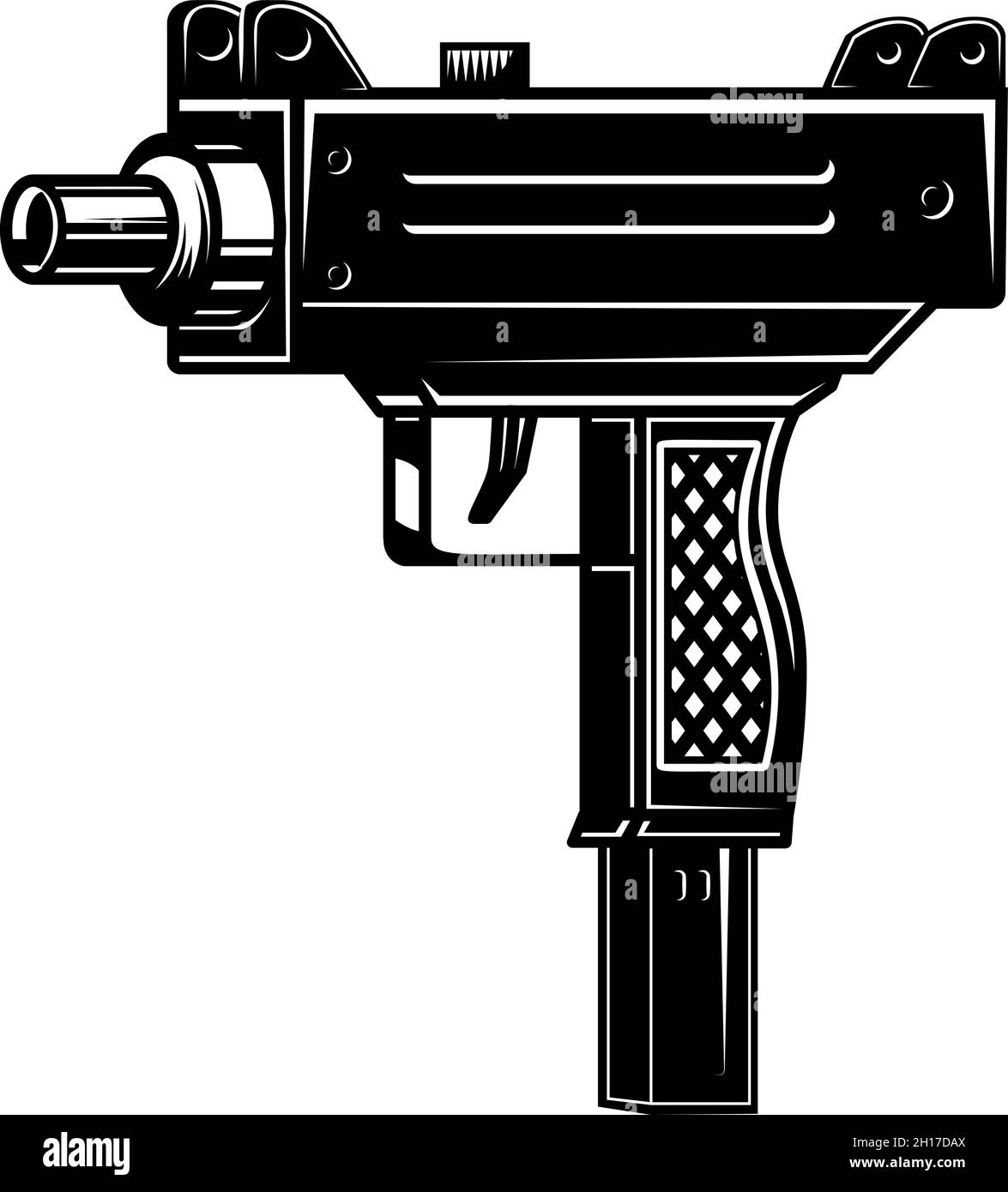 Illustrazione della pistola automatica uzi in stile monocromatico. Elemento di design per logo, etichetta, cartello, poster. Illustrazione vettoriale Illustrazione Vettoriale