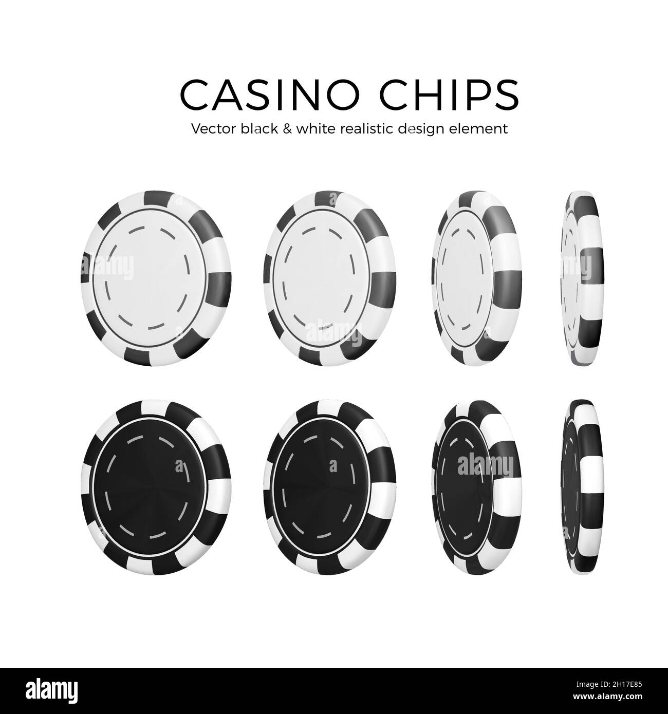 Chip di poker in posizione diversa. chip 3d in bianco e nero da casinò isolato su sfondo bianco. Illustrazione vettoriale Illustrazione Vettoriale