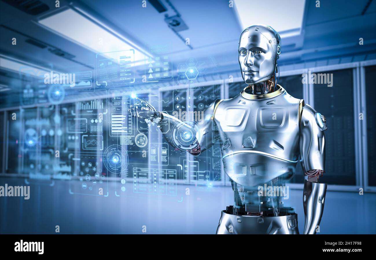 Server di automazione con robot 3D rendering Assistant o robot di intelligenza artificiale con display grafico Foto Stock