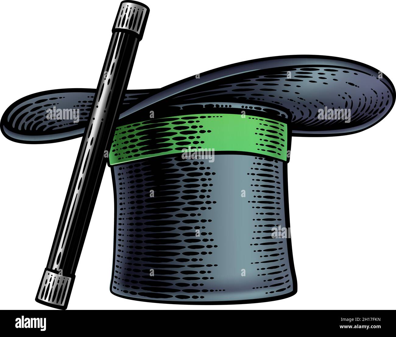 Magic Wand e Magician Top Hat Woodcut disegno Illustrazione Vettoriale