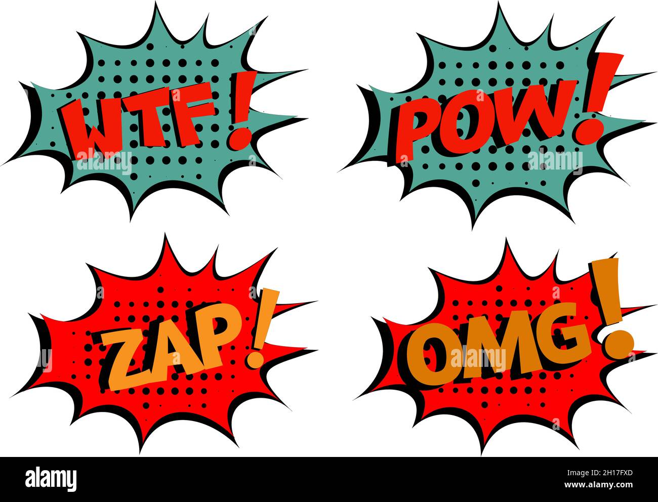 WTF-ZAP-POW-OMG Comic Lettering Vector illustrazione cartoon in stile retrò pop art su sfondo halftone Illustrazione Vettoriale