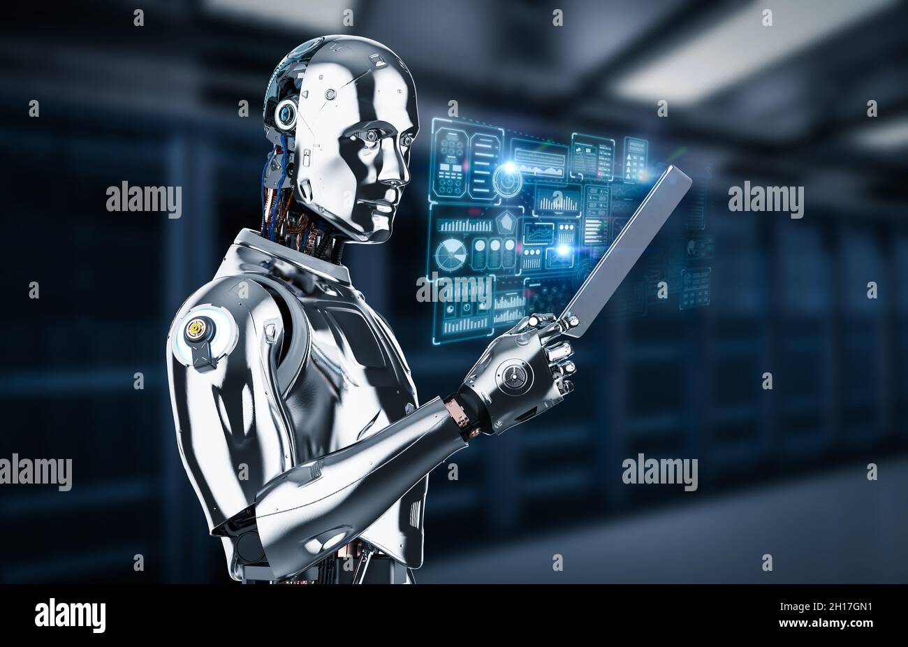 Server di automazione con robot 3D rendering Assistant o robot di intelligenza artificiale con display grafico Foto Stock