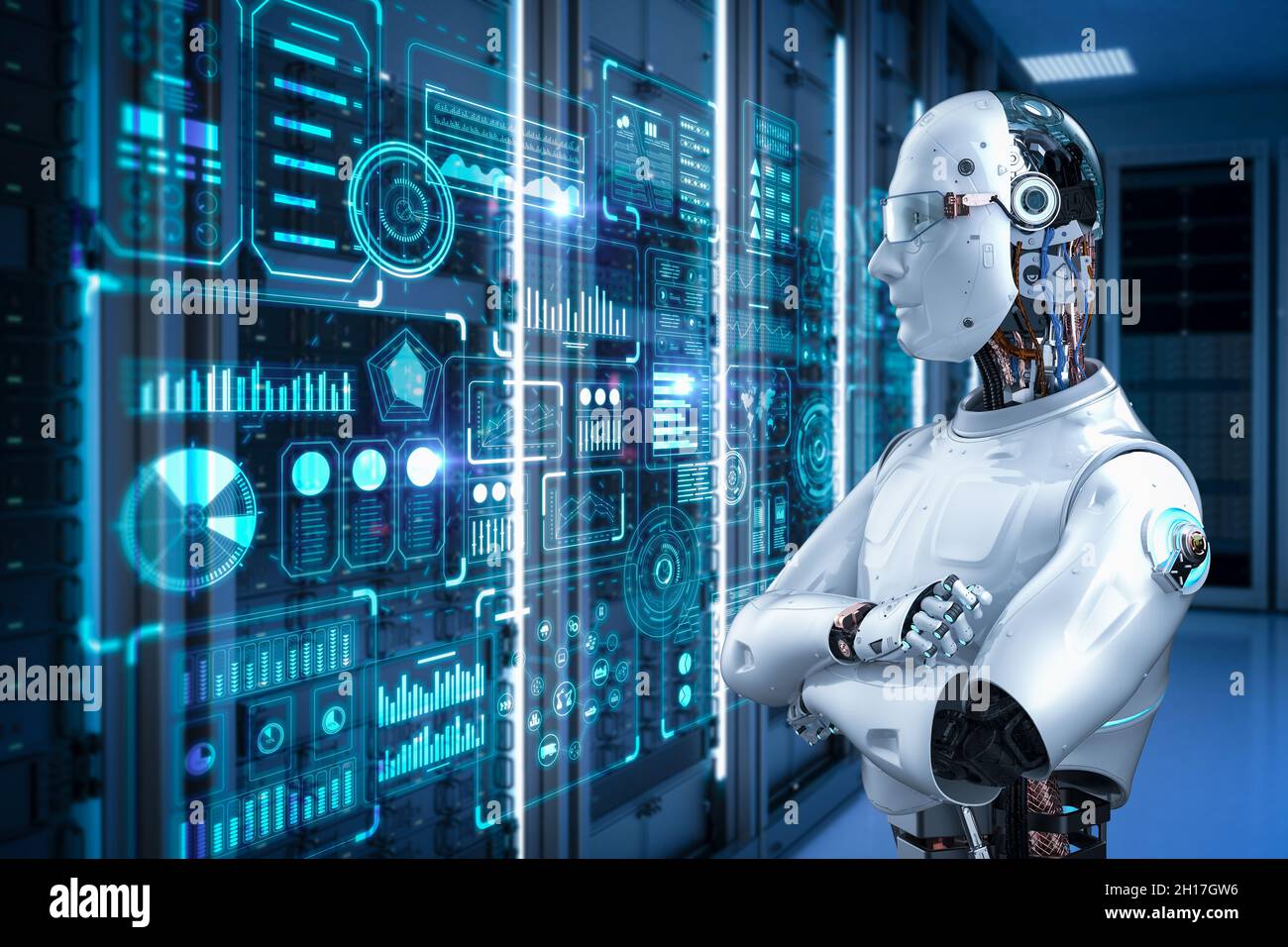 Server di automazione con robot 3D rendering Assistant o robot di intelligenza artificiale con display grafico Foto Stock