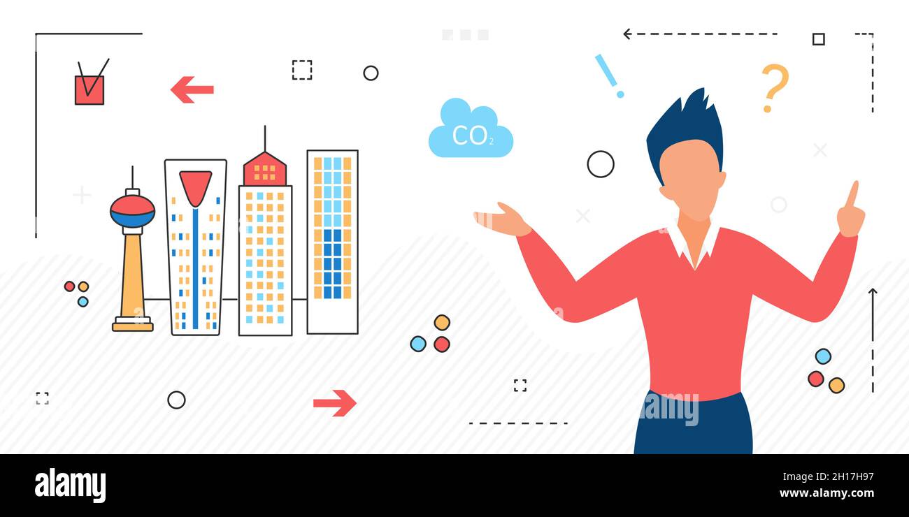 Cambiamento ambientale, problema del riscaldamento globale nell'ecosistema. Aumento della CO2 nell'aria, emissioni nocive nell'atmosfera, immagine vettoriale piatta Illustrazione Vettoriale