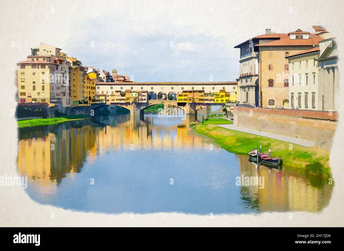 Disegno acquerello del ponte Vecchio con edifici colorati case sul fiume Arno blu che riflette acqua e barche vicino riva del fiume nella storica Foto Stock