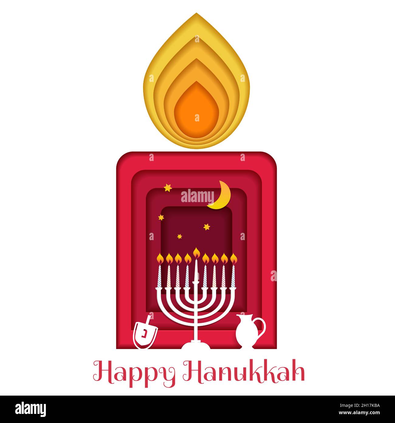 Happy Hanukkah, Jewish Festival of Lights carta taglio biglietto di auguri con simboli Chanukah dreidels, filatura top, lettere ebraiche, candele di menorah, olio j Illustrazione Vettoriale