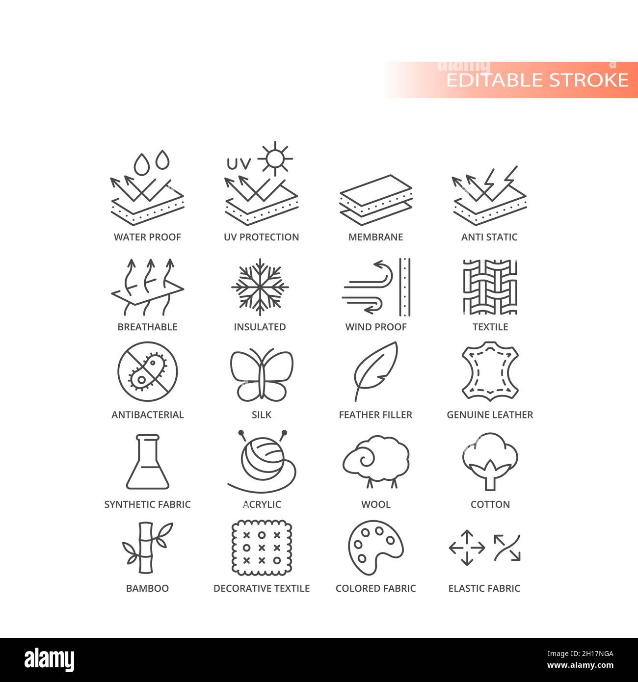 Set di icone vettoriali per la funzione del materiale del tessuto. Simboli delle caratteristiche e delle proprietà dei tessuti, tratto modificabile. Illustrazione Vettoriale