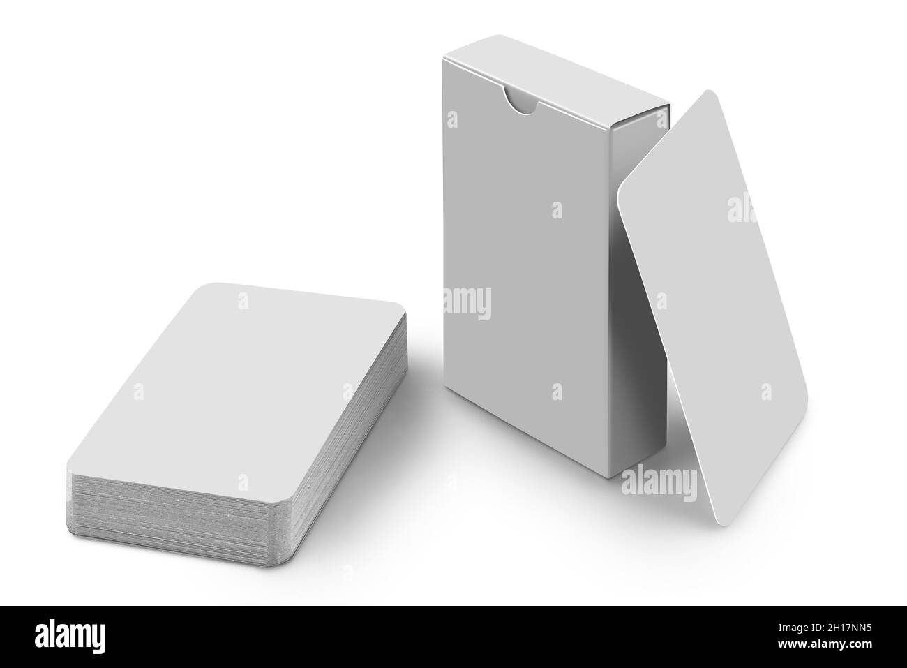 Pila di carte da gioco con scatola isolata su bianco Foto Stock