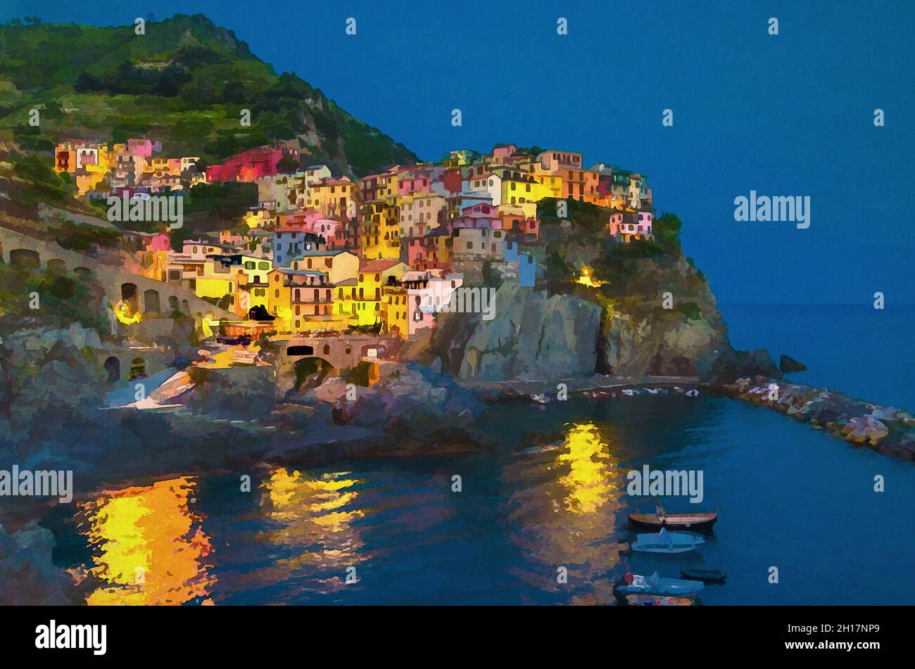 Disegno acquerello di Manarola tipico villaggio italiano tradizionale nel Parco Nazionale delle cinque Terre con case colorate multicolore sulla roccia A. Foto Stock