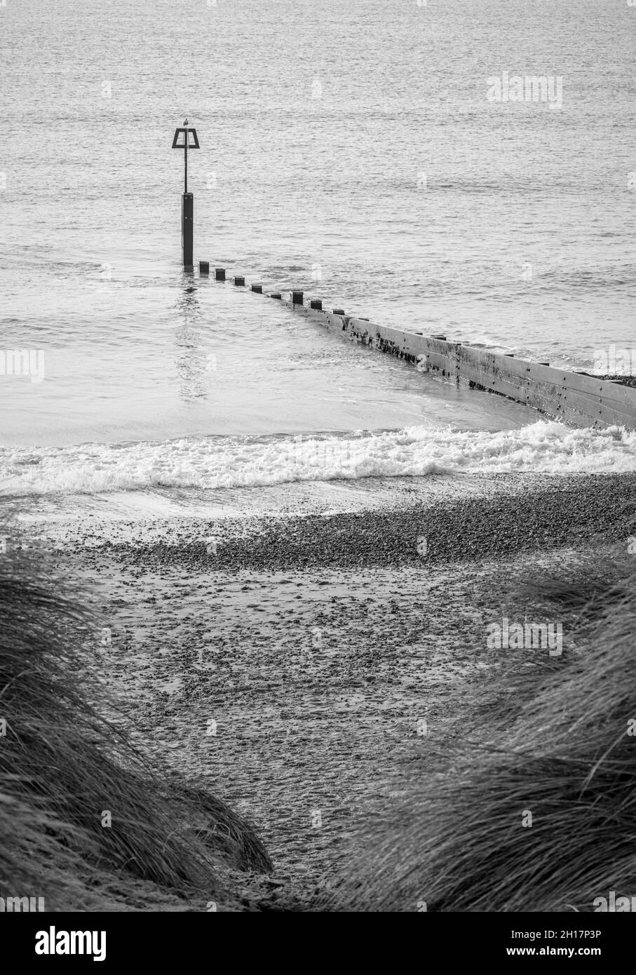 Vista di un Breakwater e Groyne Marker in legno attraverso le dune sabbiose, Black and White, Hengistbury Head UK Foto Stock