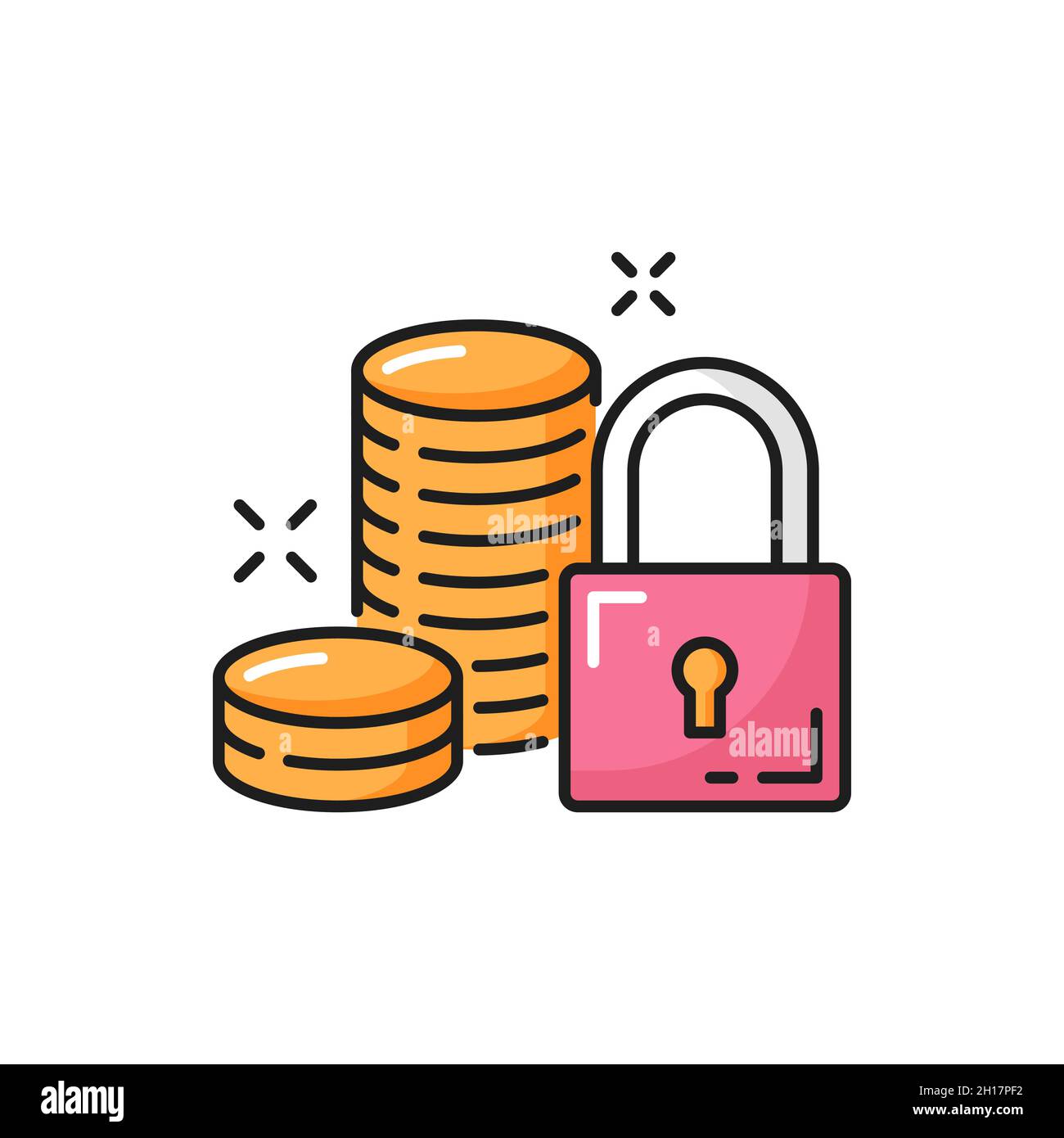 Icona e lucchetto della finanza, sicurezza dei soldi, icona della linea di colore delle monete d'oro. Monete vettoriali in denaro contante, protezione del reddito. Finanzia la sicurezza, deposito sa Illustrazione Vettoriale