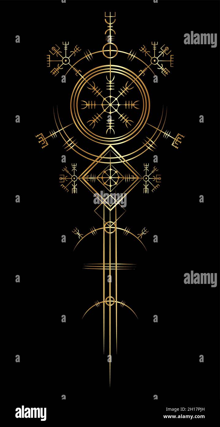 Magia antica vichinga art deco, Gold Vegvisir navigazione bussola antica. I Vichinghi usarono molti simboli secondo il segno mitologico di Norse Illustrazione Vettoriale