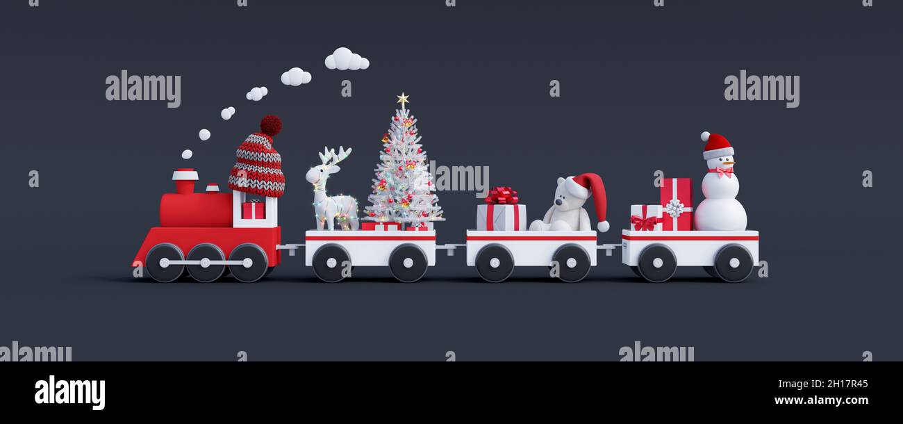 Treno rosso e carri bianchi riempiti di decorazioni natalizie su sfondo nero. Illustrazione 3D rendering 3D del concetto creativo delle vacanze invernali Foto Stock