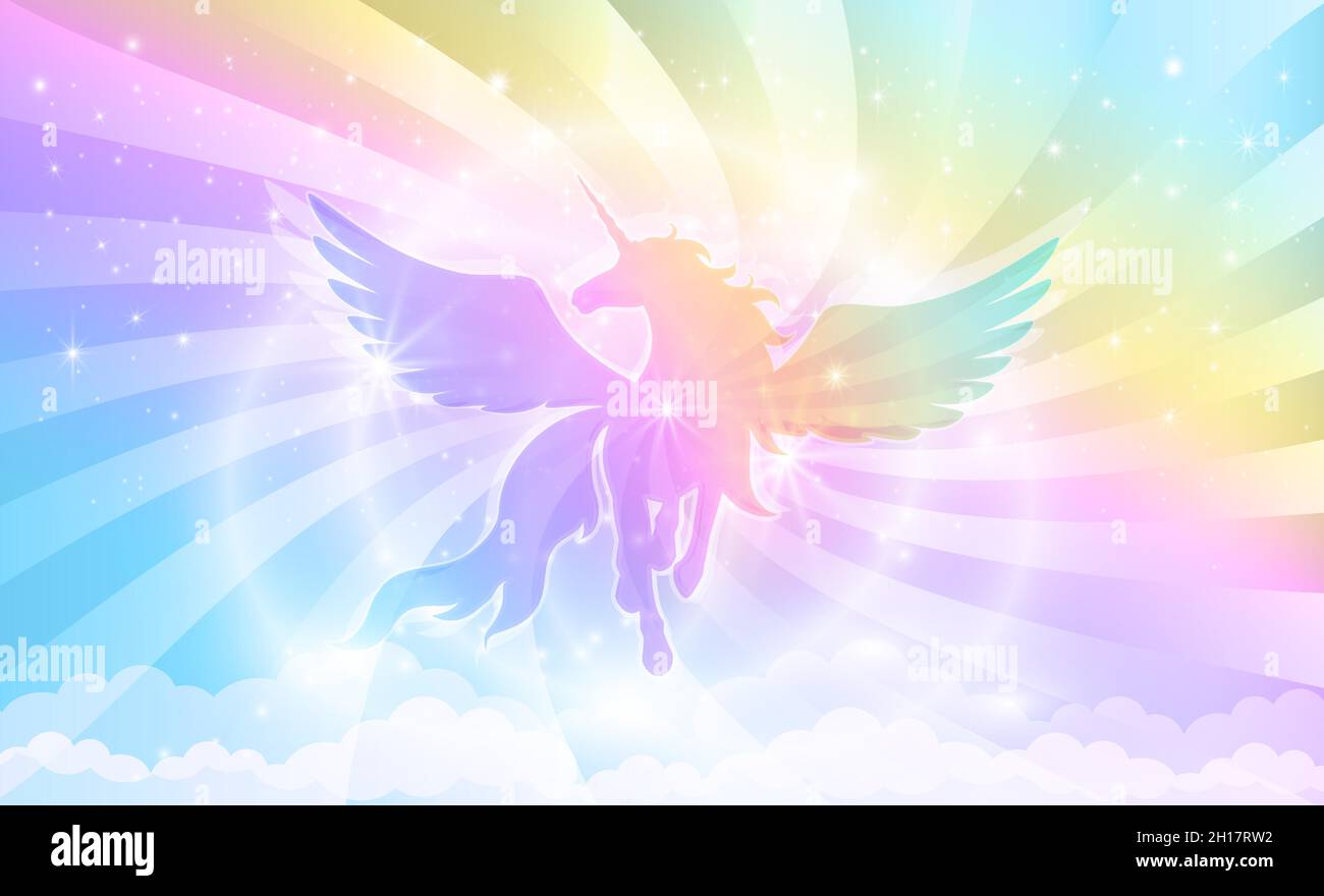 Silhouette di unicorno con ali sullo sfondo di un cielo arcobaleno con stelle e raggi di luce. Illustrazione vettoriale per bambini. Illustrazione Vettoriale