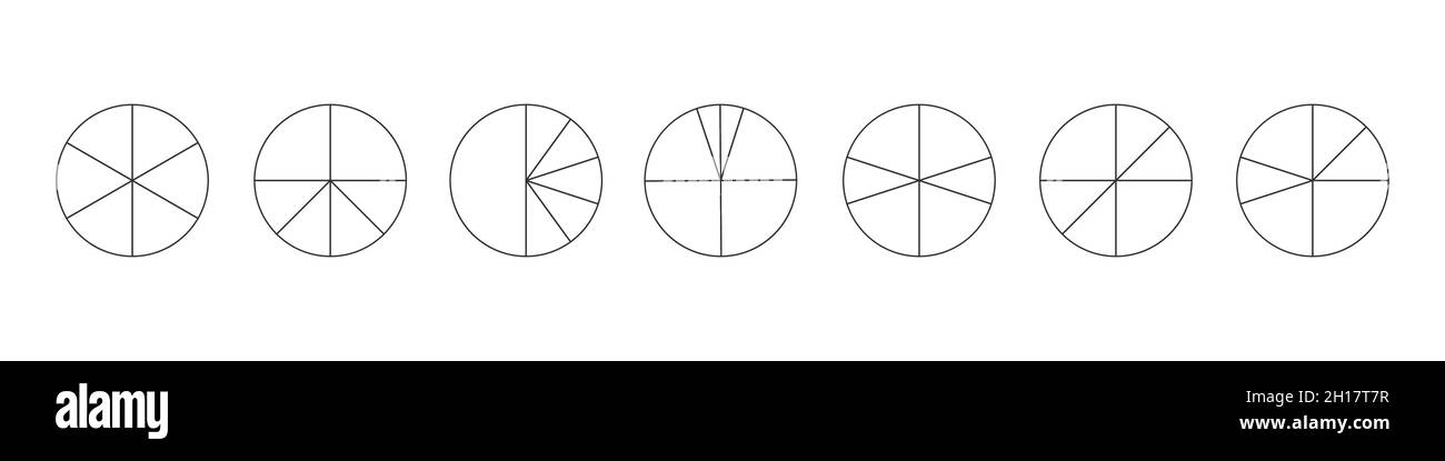 Contorni circoli separati in 6 segmenti isolati su sfondo bianco. Forme rotonde a torta o pizza tagliate in sei fette diverse. Semplici esempi di infografica statistica. Illustrazione lineare vettoriale. Illustrazione Vettoriale