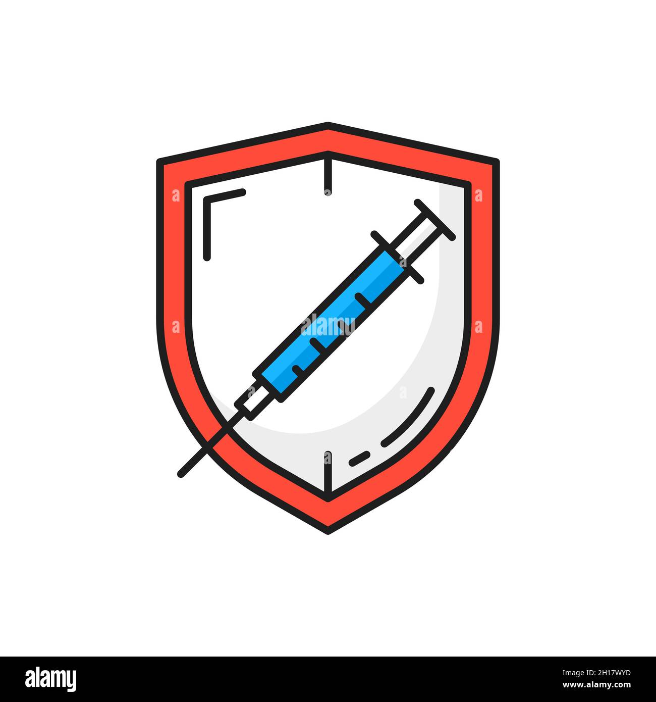 Vaccino del coronavirus e schermo protettivo icona della linea di colore isolata. Vaccinazione vettoriale contro COVID-19, immunizzazione e assistenza sanitaria, sicurezza umana co Illustrazione Vettoriale