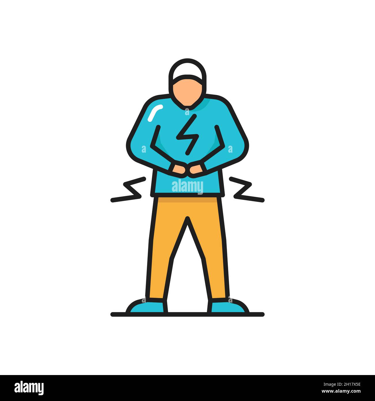 Uomo con dolore addominale problema di salute disagio diarrea isolato colore linea carattere piatto. Dolore vettoriale nello stomaco, indigestione gastrointestinale, g Illustrazione Vettoriale