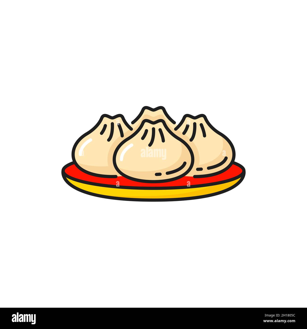 Baozi ripiene al vapore tradizionale cibo cinese su piatto isolato. Panetteria vettoriale asiatica con farciture, focaccine al vapore. Pranzo o cena giapponese bau. Bao y Illustrazione Vettoriale