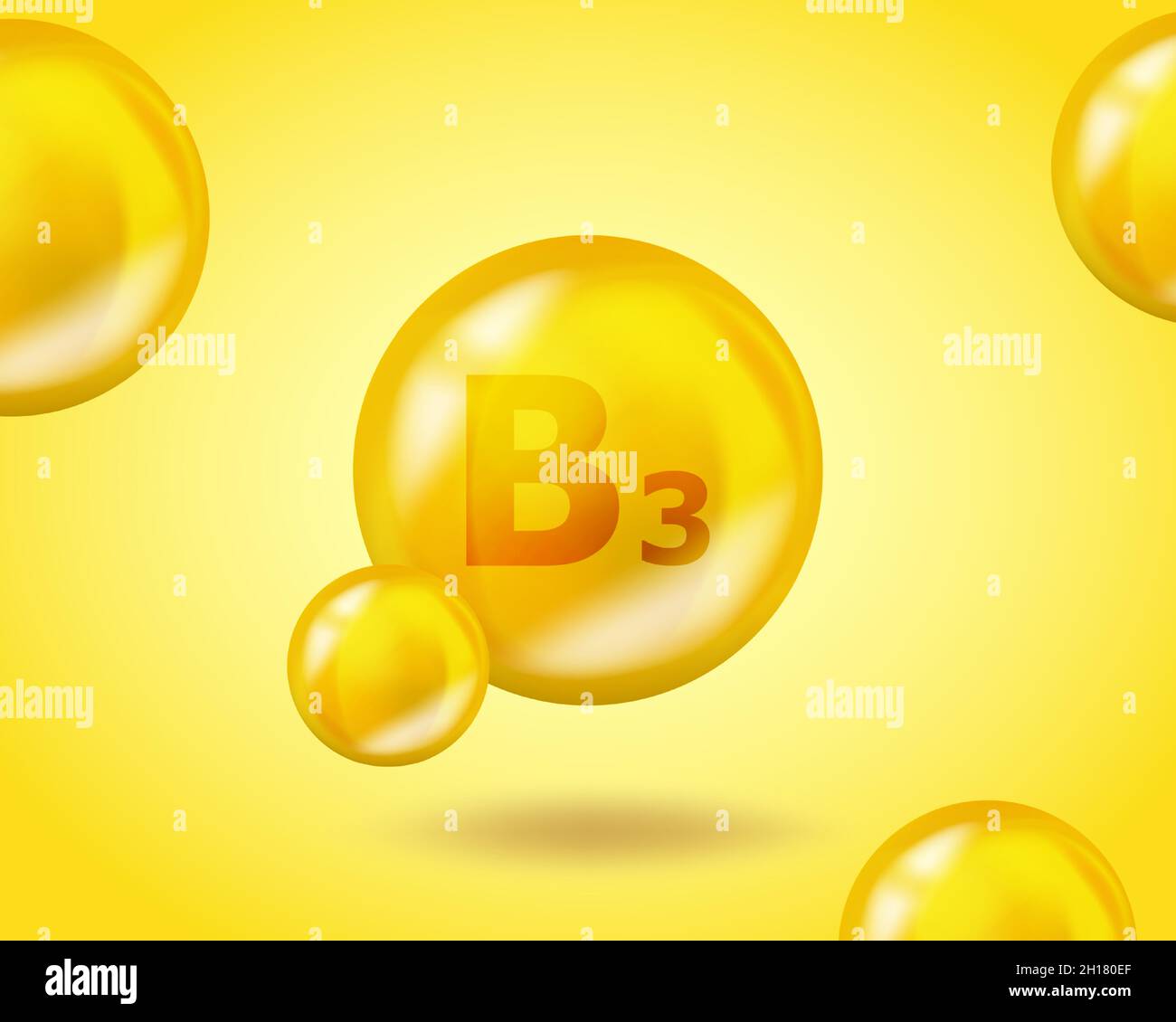 3D Vitamin Drop B3 capsula per pillola di niacina. Illustrazione realistica del progetto del complesso di vitamina di Niacin B3. Disegno di nutrizione della droga gialla. Illustrazione Vettoriale
