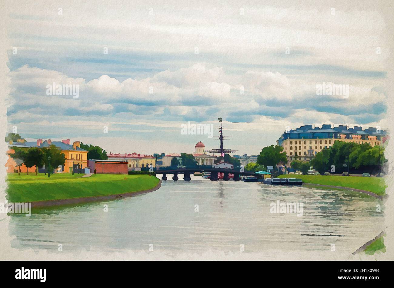 Disegno acquerello di Kronverksky canale stretto tra Zayachy Hare e l'isola di Petrogradsky con ponte Kronverk, avena e nave in legno, drammi blu Foto Stock