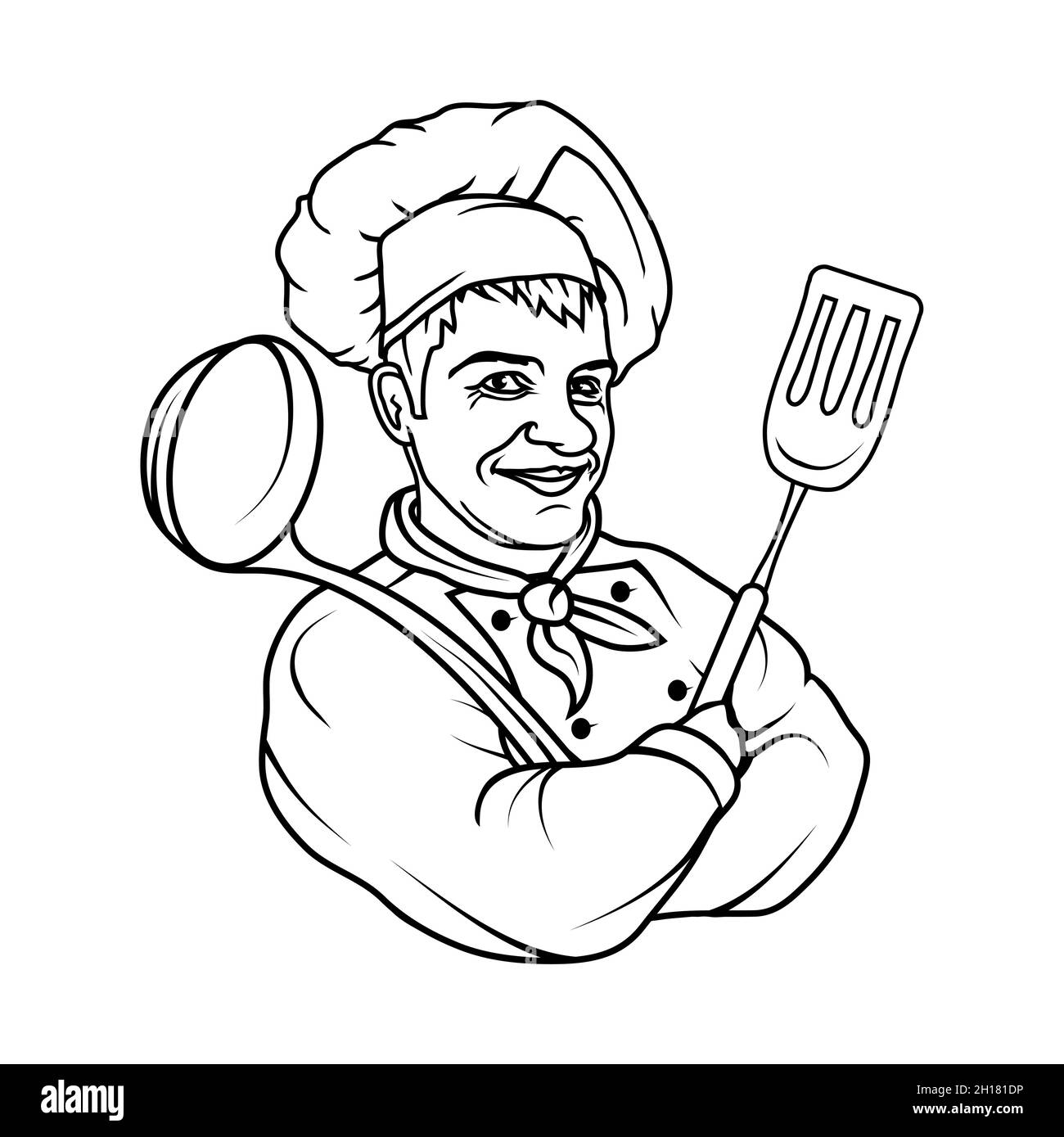 Cuoco cuoco in piedi in una posa diversa. Chef in uniforme. Logo Cook. Cappello da chef. Cuoco chef professionista Illustrazione Vettoriale