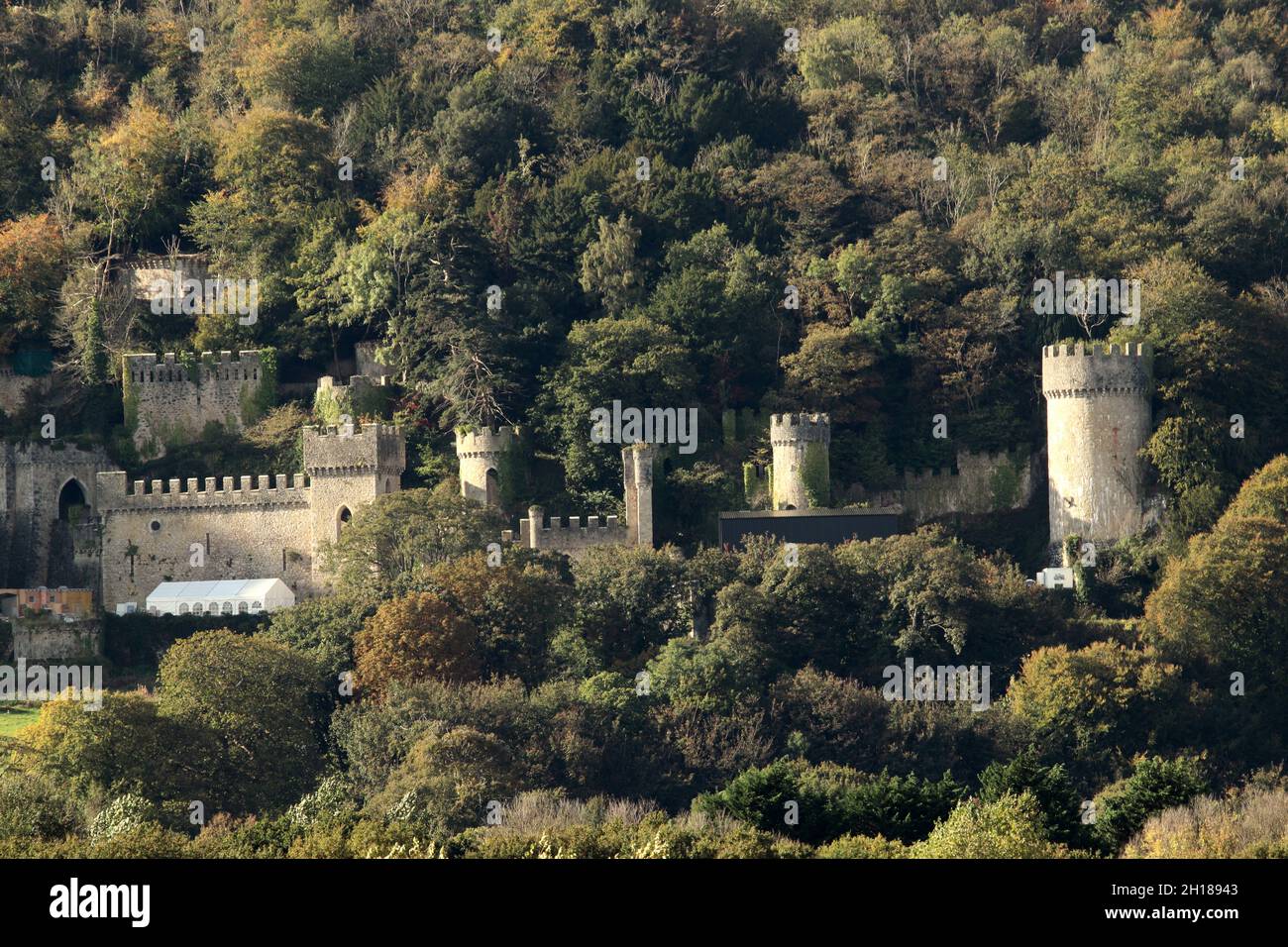 Gwrych Castello di Abergele Galles del Nord. Ultime settimane di costruzione al castello di Gwrych, colpi del castello mostrano una struttura improvvisata che può essere un cespuglio di prova Foto Stock