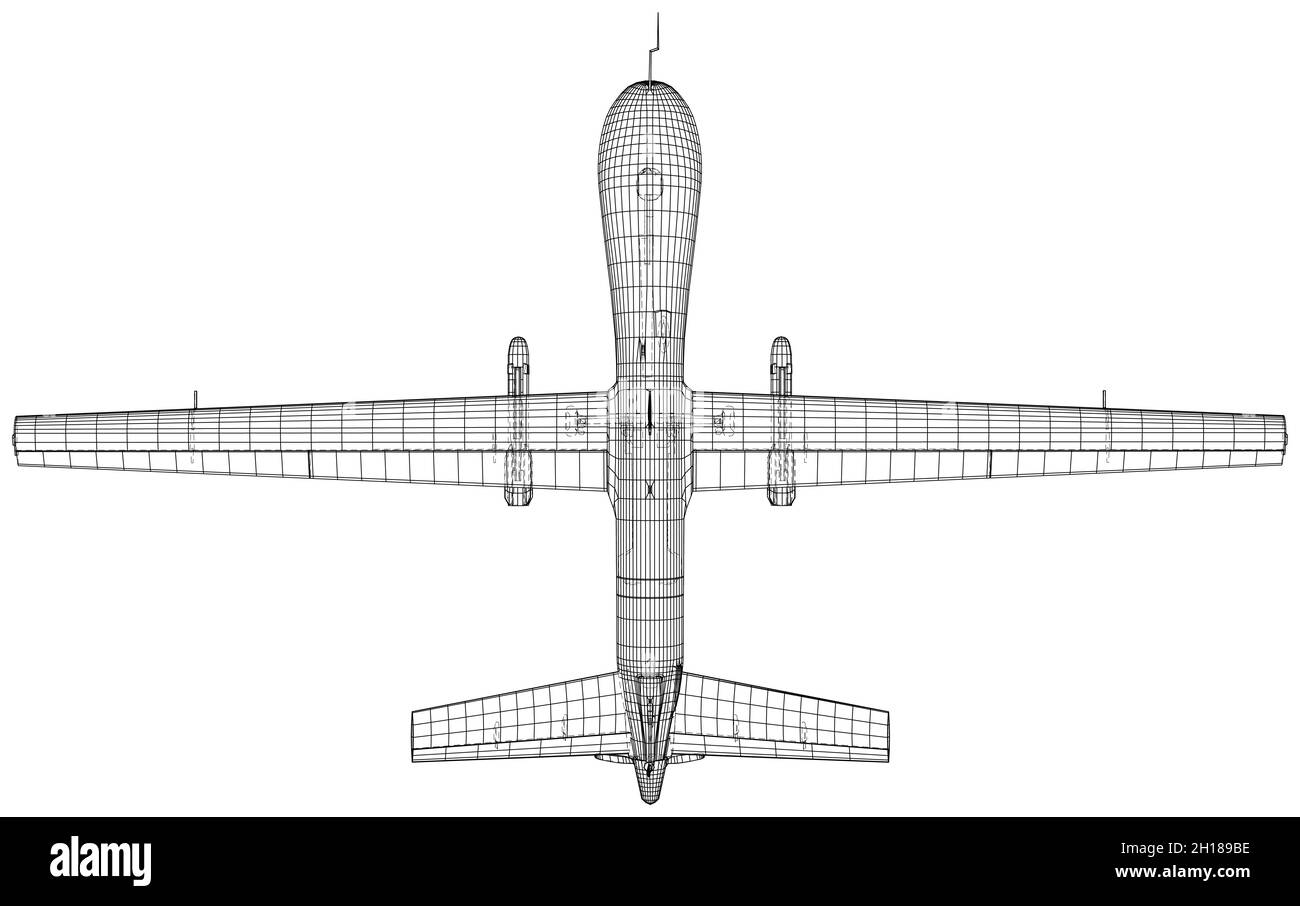 Drone Predator. Disegno di wire-frame velivolo. Vettore creato di 3d. Illustrazione Vettoriale