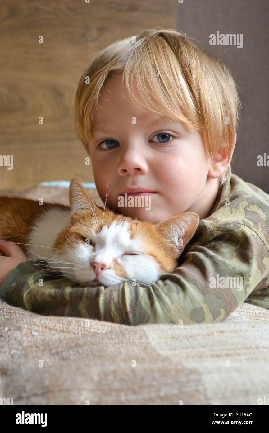 Ritratto di un bambino di quattro anni che dorme gatto rosso Foto Stock