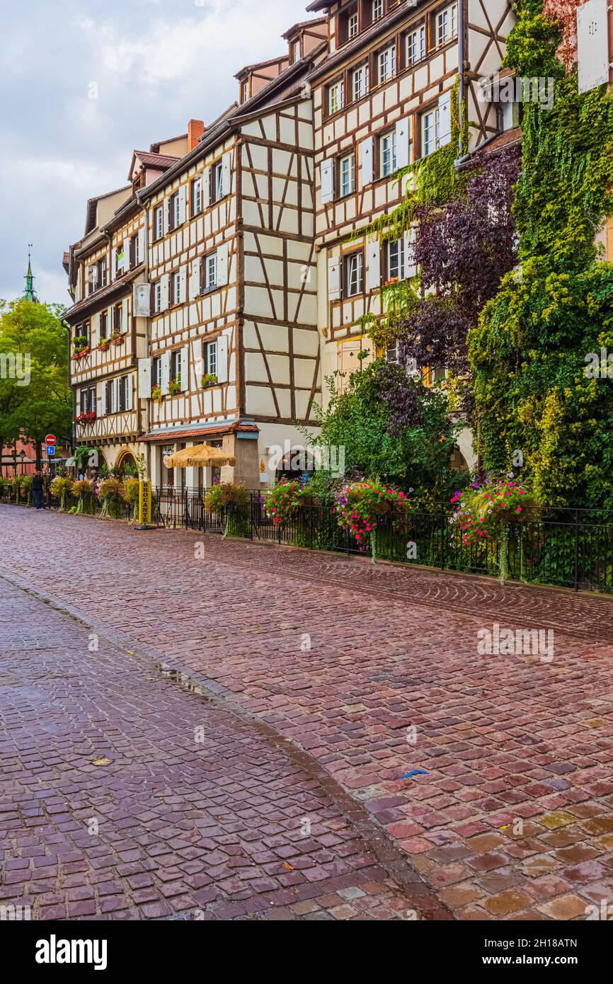Colmar con le sue tradizionali case a graticcio colorate nella regione dell'Alsazia, in Francia. Colmar è una città e un comune dell'Alto Reno e della G. Foto Stock