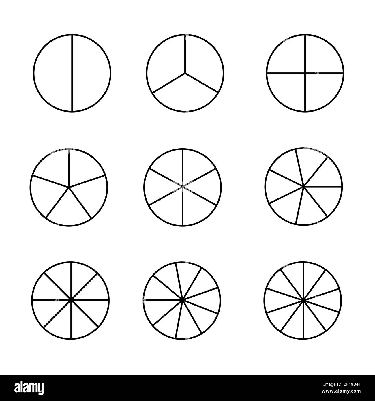 segmenti di cerchio impostati su sfondo bianco. vari settori dividono il cerchio su parti uguali. segno di matematica frazione. Foto Stock
