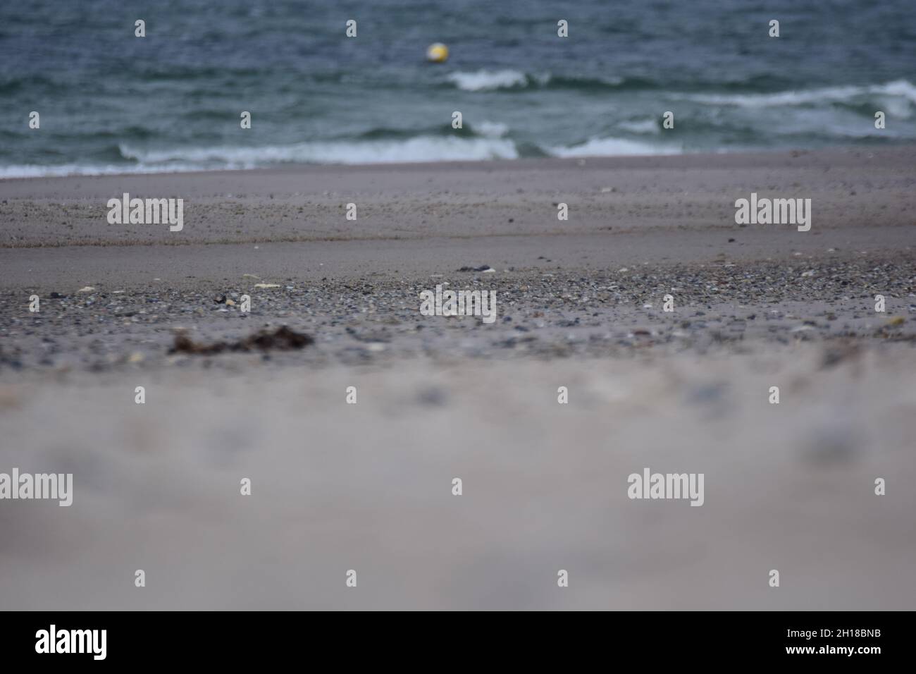 Diversi fuochi di una spiaggia contro l'oceano con un piccolo boa galleggiante Foto Stock