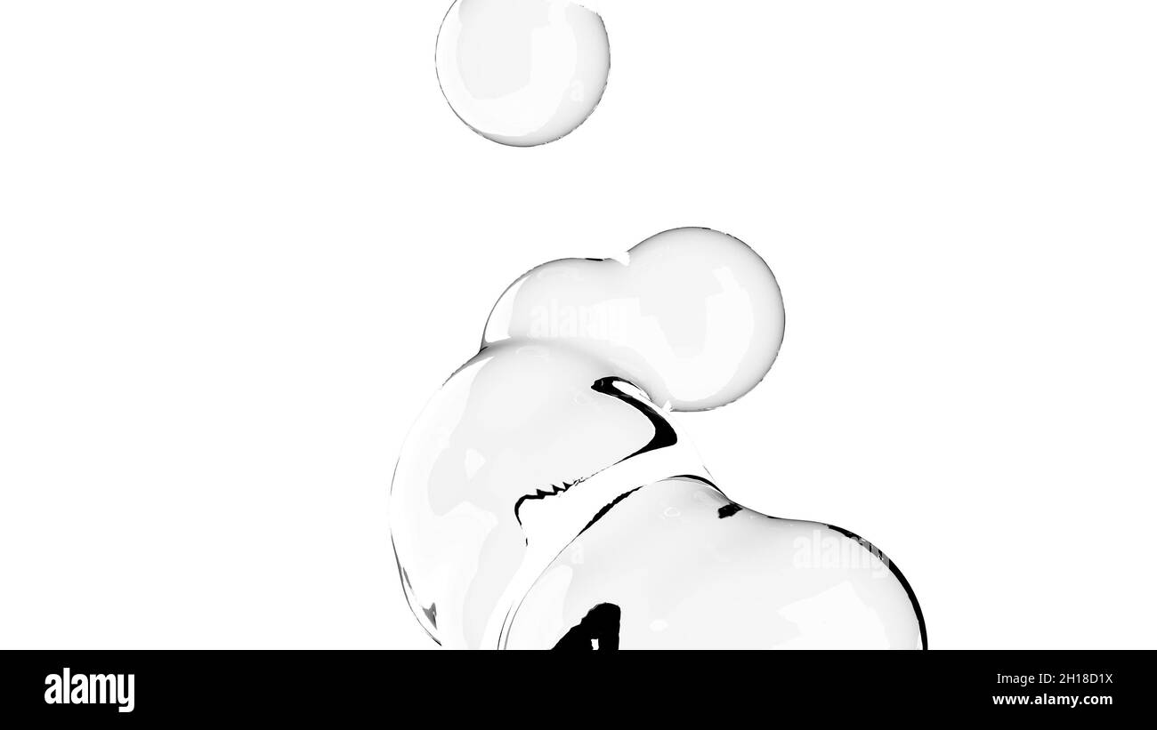 Bolle d'acqua pop-up spruzzi liquidi trasparenti rendering 3d su sfondo bianco Foto Stock